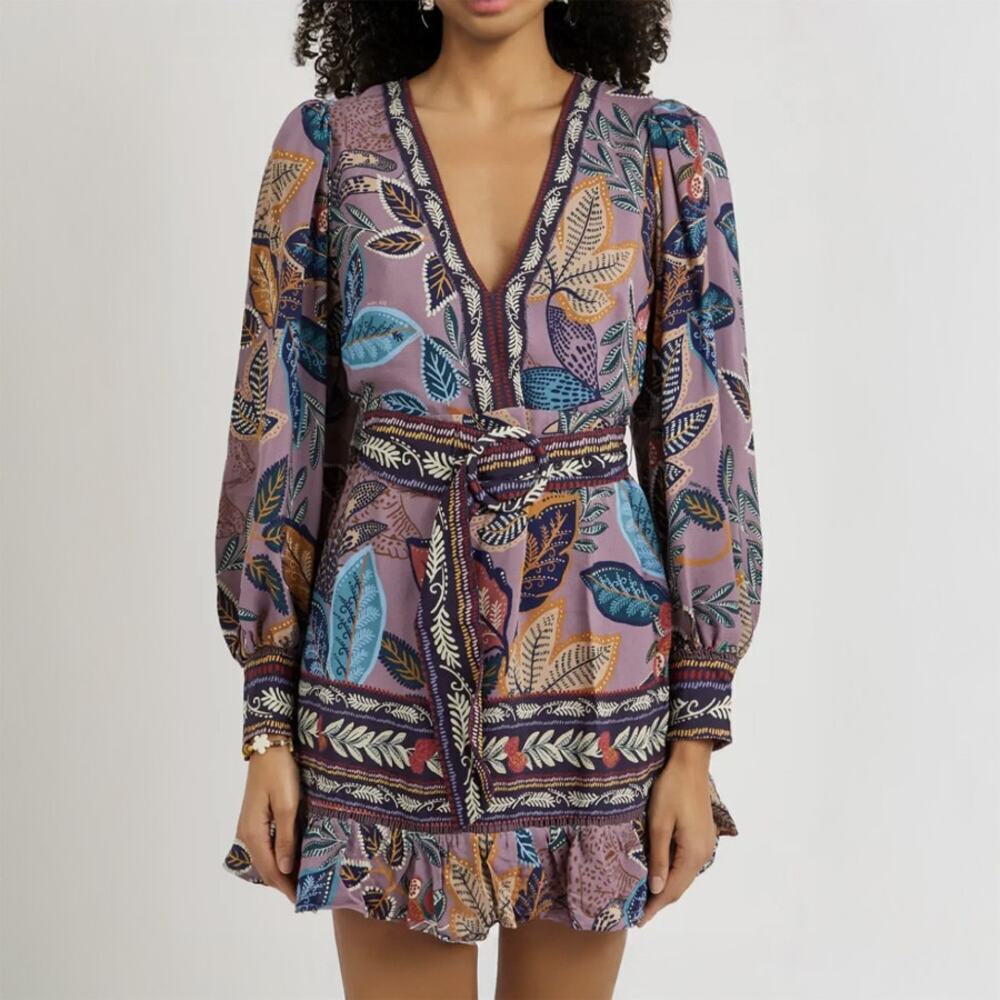 Farm Rio Wild Night Floral Print Long Sleeve Mini Dress Size XS